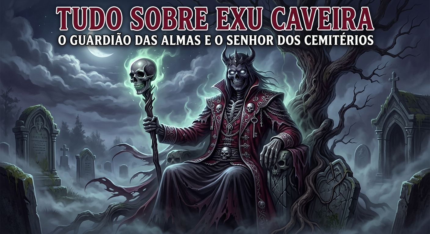 Exu Caveira no cemitério com manto e cetro de caveira